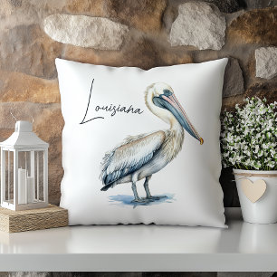 Pastel Watercolor Pelican Louisiana State Throw Pillow