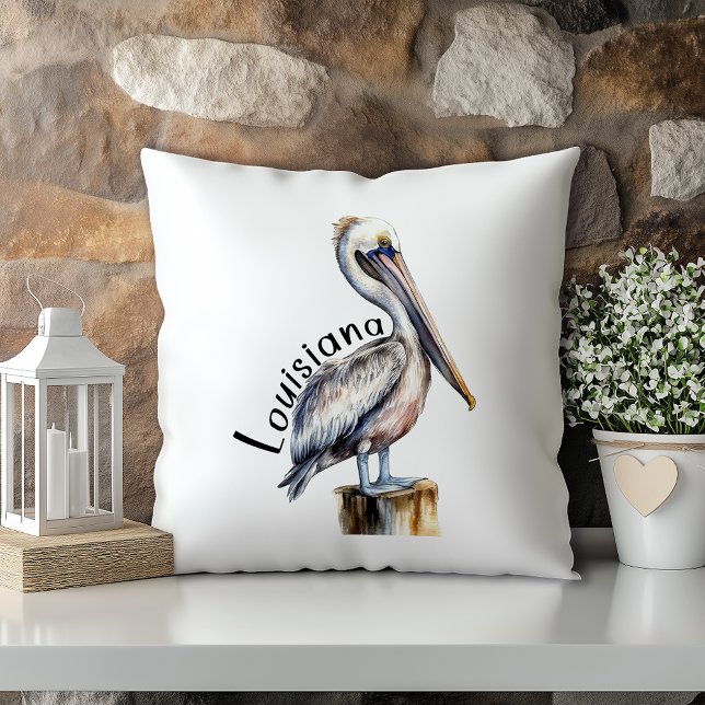 Pastel Watercolor Pelican Louisiana State Throw Pillow (Creator Uploaded)