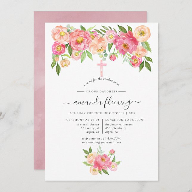 Pastel Watercolor Peonies Confirmation Invitation (Front/Back)