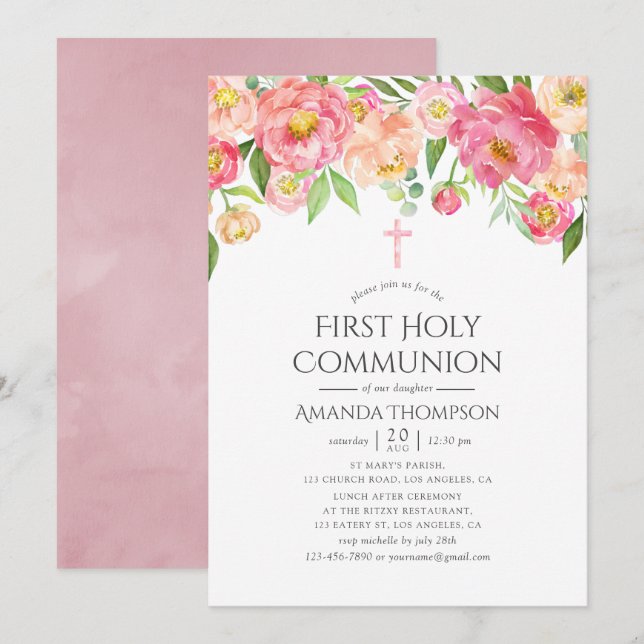 Pastel Watercolor Peonies First Holy Communion Invitation (Front/Back)