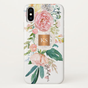 Pastel watercolor peonies metallic copper monogram iPhone x case