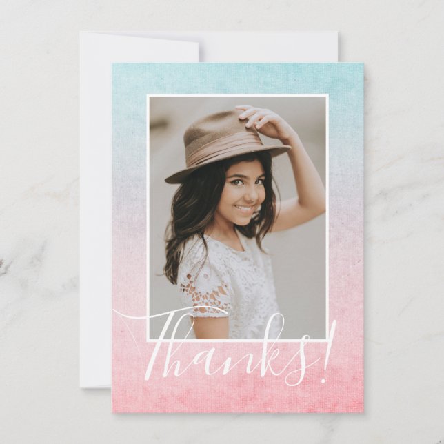Pastel Watercolor Photo Aqua Thank You Card (Front)