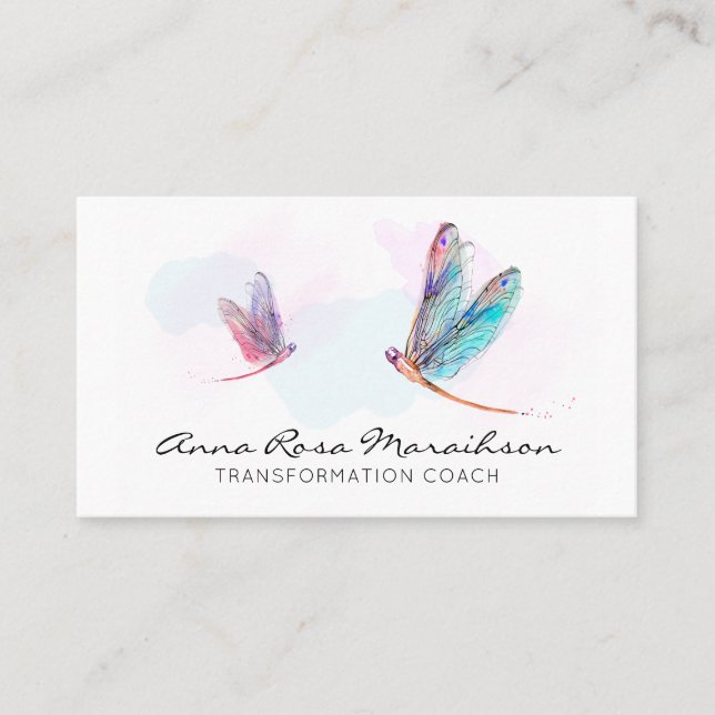 *~* Pastel Watercolor Pink Blue Dragonfly Business Card (Front)