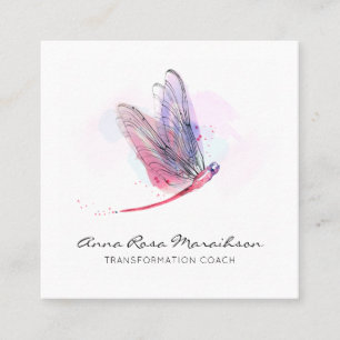 *~* Pastel Watercolor Pink Dragonfly Business Square Business Card