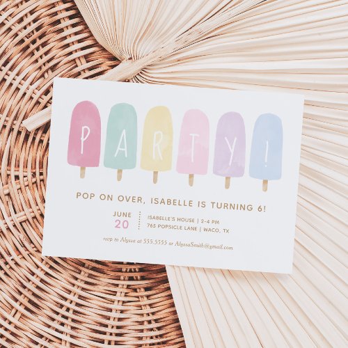 Pastel Watercolor Popsicle Girl Birthday Party Invitation