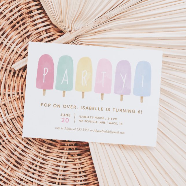 Pastel Watercolor Popsicle Girl Birthday Party Invitation