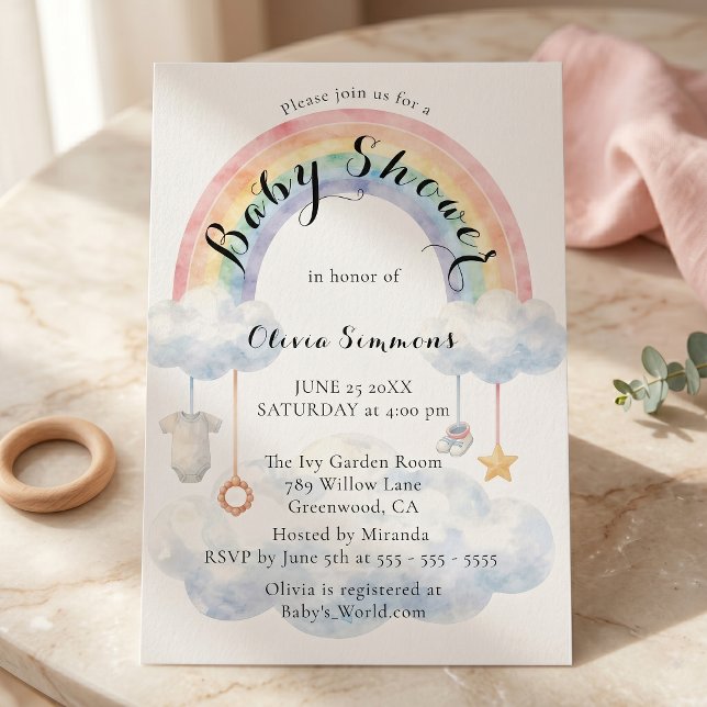 Pastel Watercolor Rainbow Clouds Baby Shower Invitation (Creator Uploaded)