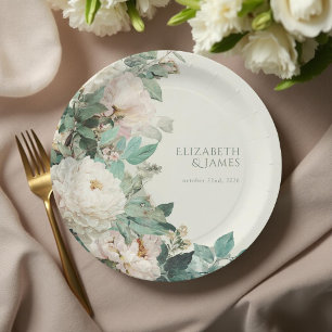 Pastel Watercolor Rose Peonies Floral Wedding Paper Plates