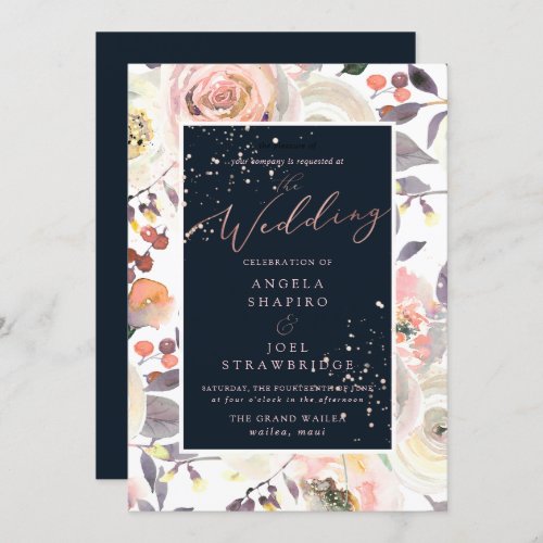 Pastel Watercolor Roses Peach Cream Navy Blue Invitation