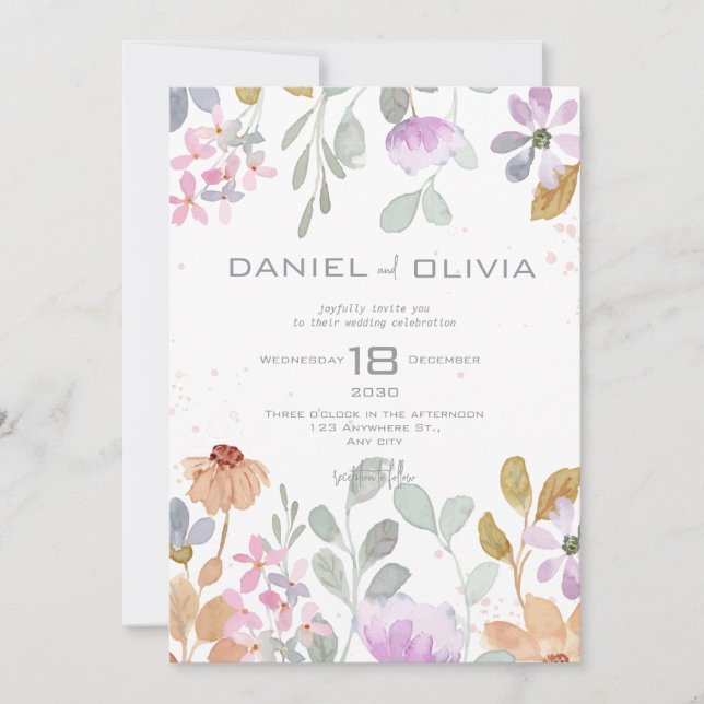 Pastel Watercolor Rustic Flower Wedding Invitation (Front)