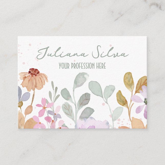 Pastel Watercolor Rustic Flower with QR Business Card (Front)