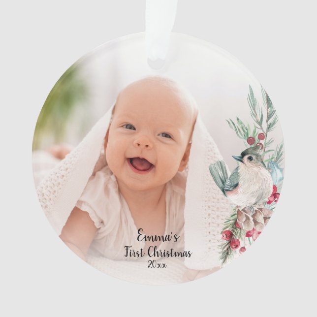 Pastel Watercolor Rustic Winter Botanical Photo Ornament (Front)