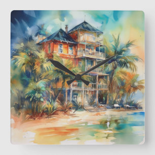 PASTEL WATERCOLOR SEASIDE HOUSE ON THE BEACH SQUARE WALL CLOCK