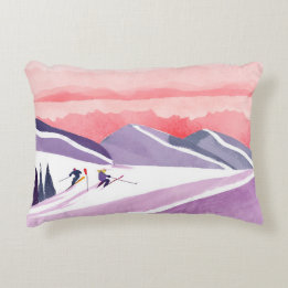 Pastel Watercolor Ski Mountain Sunset Accent Pillow