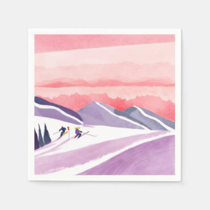 Pastel Watercolor Ski Mountain Sunset Napkins