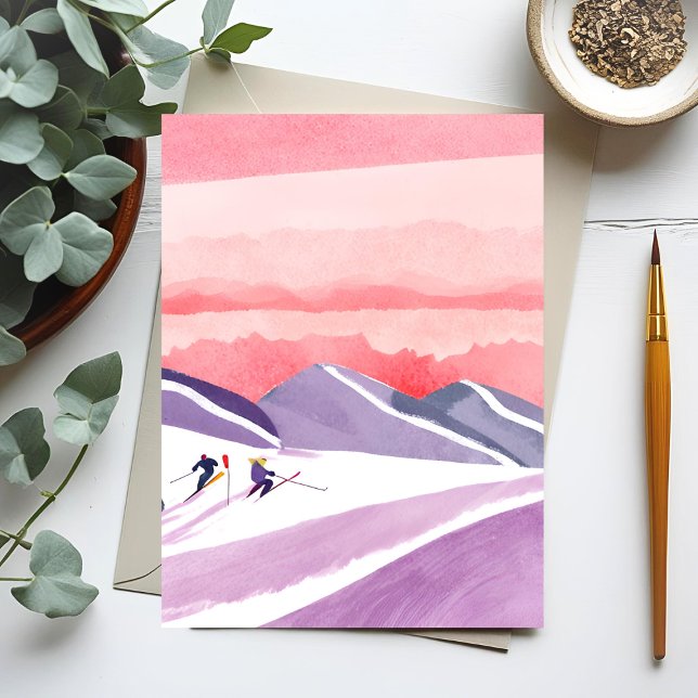 Pastel Watercolor Ski Mountain Sunset Postcard (Creator Uploaded)