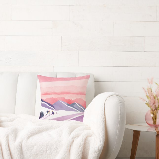 Pastel Watercolor Ski Mountain Sunset Throw Pillow (Couch)
