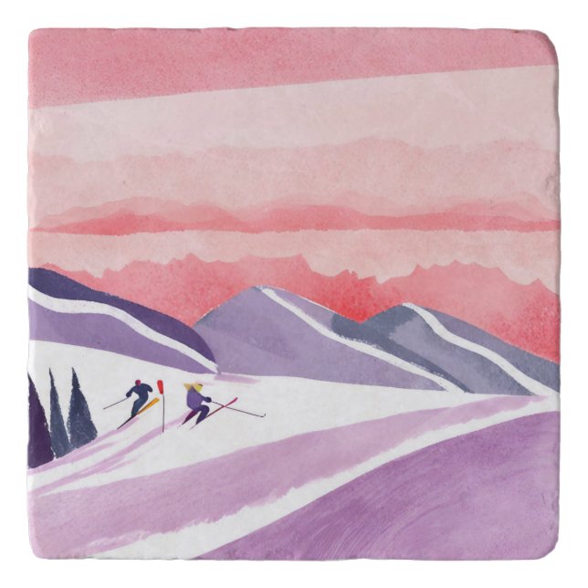 Pastel Watercolor Ski Mountain Sunset Trivet (Front)