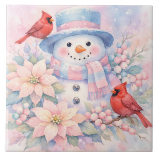 Pastel Watercolor Snowman, Poinsettia and Cardinal Ceramic Tile
