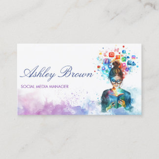 Pastel Watercolor Social Media Manager Blogger Business Card