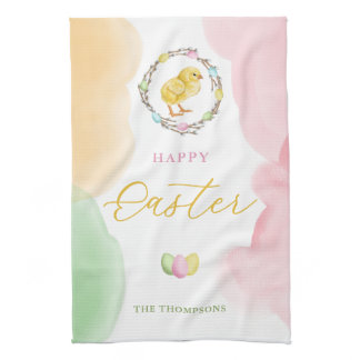 Pastel Watercolor Splashes And Chick Happy Easter Kitchen Towel