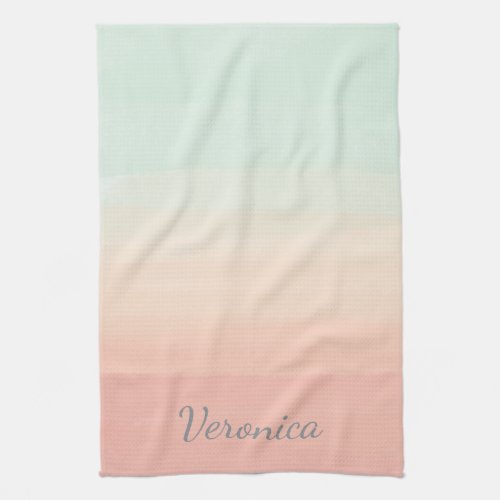 Pastel Watercolor Stripes Green Peach Personalized Kitchen Towel