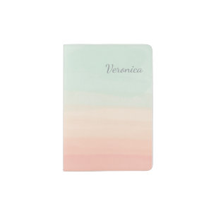 Pastel Watercolor Stripes Green Peach Personalized Passport Holder
