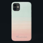 Pastel Watercolor Stripes Sea Glass and Peach Name iPhone 11 Case<br><div class="desc">This stylish phone case features beautiful abstract watercolor stripes in pastel shades of sea glass and peach coral. Personalize it with your name in handwritten script lettering. Great gift idea.</div>