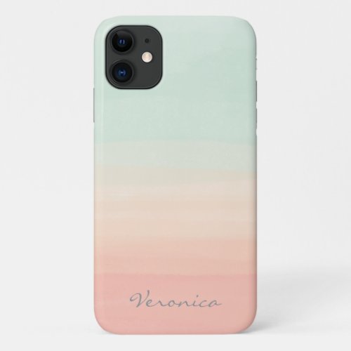 Pastel Watercolor Stripes Sea Glass and Peach Name iPhone 11 Case