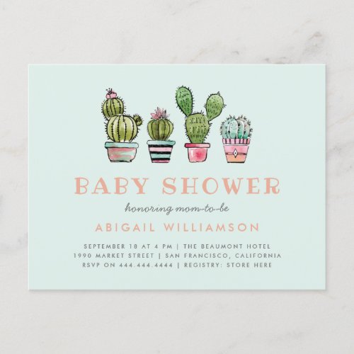 Pastel Watercolor Succulent Cactus Baby Shower Invitation Postcard