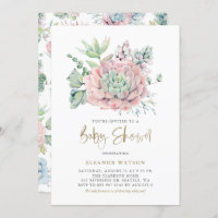 Pastel Watercolor Succulents Girl Baby Shower Invitation