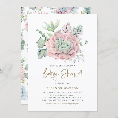 Pastel Watercolor Succulents Girl Baby Shower