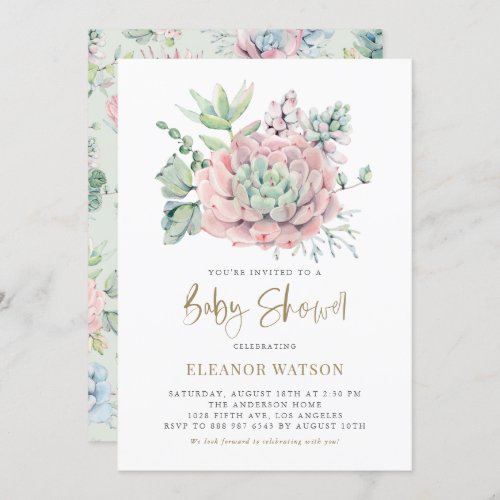 Pastel Watercolor Succulents Girl Baby Shower Invitation