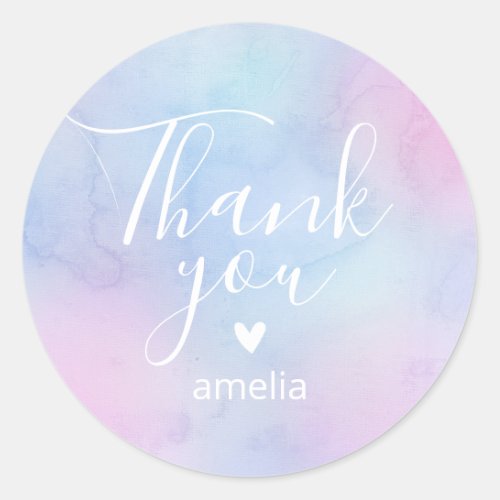 Pastel Watercolor Thank You Name Purple Classic Round Sticker