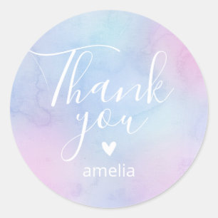 Pastel Watercolor Thank You Name Purple Classic Round Sticker