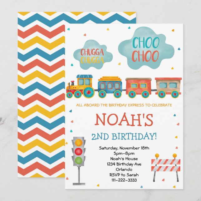 Pastel Watercolor Train Birthday Invitation (Front/Back)