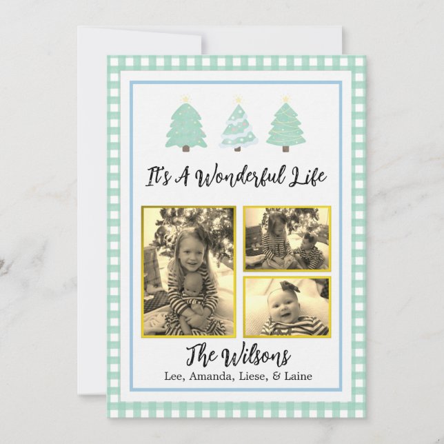 Pastel Watercolor Trees Green Plaid Christmas Card (Front)