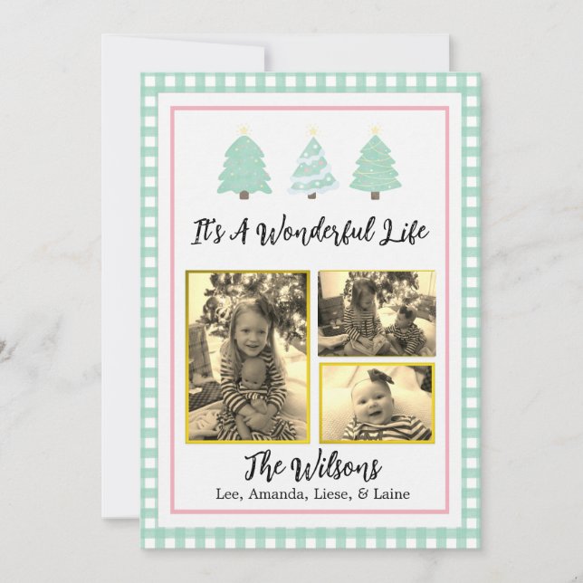 Pastel Watercolor Trees Green Plaid Christmas Card (Front)