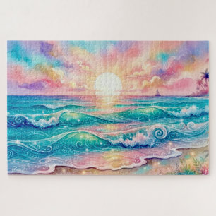 Pastel Watercolor Tropical Ocean Sunset Beach Jigsaw Puzzle