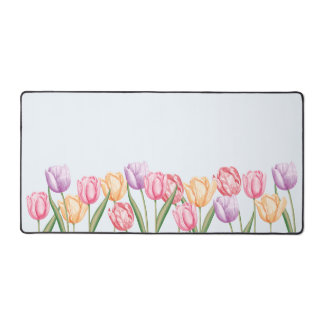 Pastel Watercolor Tulip Flowers On Light Blue Desk Mat