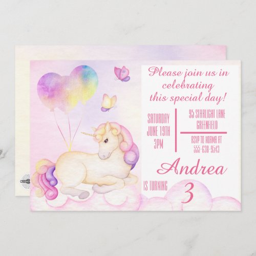 Pastel Watercolor Unicorn and Balloons Birthday Invitation