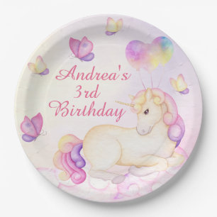 Pastel Watercolor Unicorn And Balloons Paper Plates