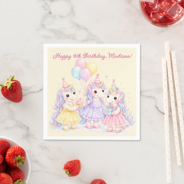 Pastel Watercolor Unicorn Girls Birthday Napkins (Insitu)