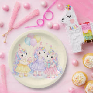 Pastel Watercolor Unicorn Girls Birthday Paper Plates