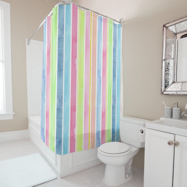 Pastel Watercolor Vertical Stripes Shower Curtain (In Situ)