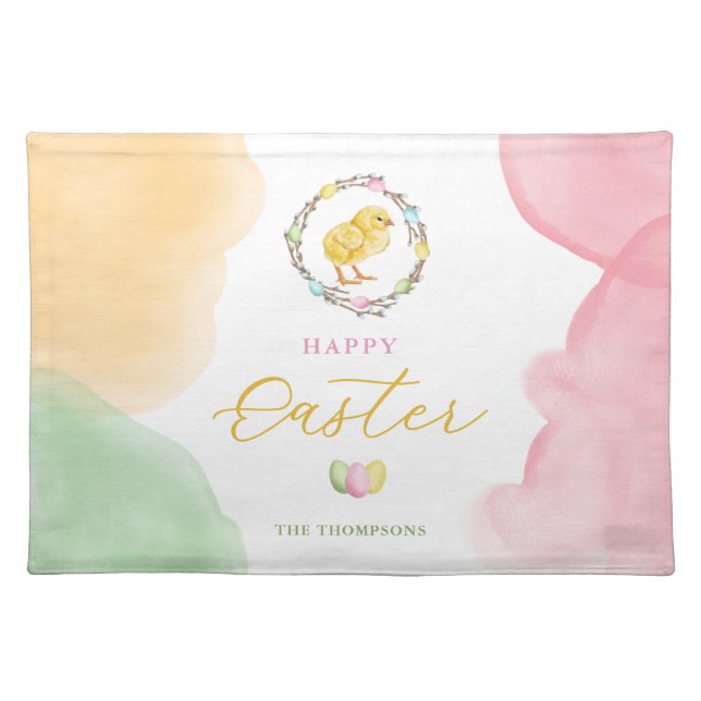 Pastel Watercolor Wash With Yellow Chick Easter Cloth Placemat (Front)