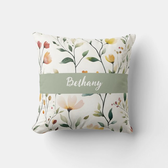 Pastel Watercolor Wildflower Monogram Name Throw Pillow (Front)