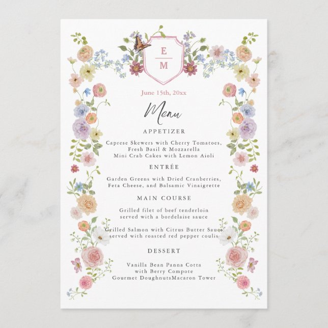 Pastel Watercolor Wildflower Wedding Menu (Front)