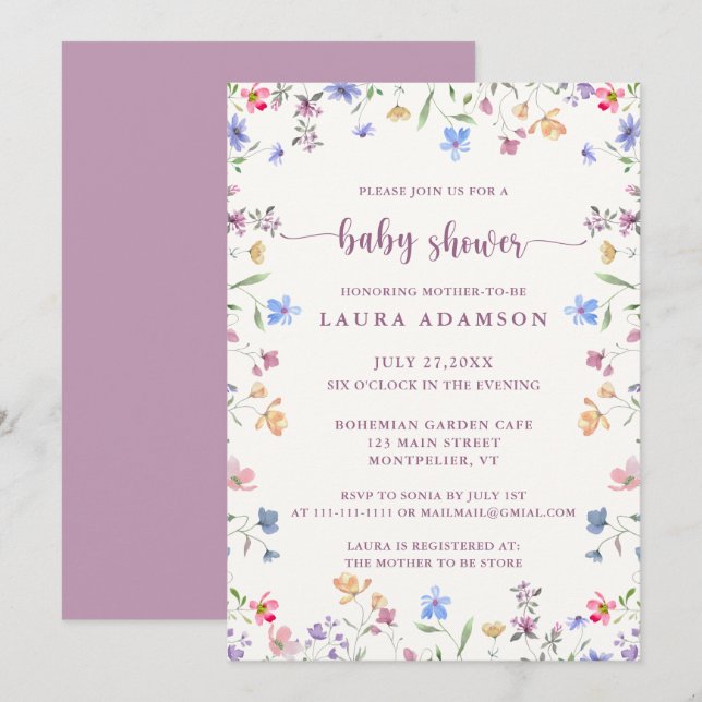 Pastel Watercolor Wildflowers Garden Baby Shower Invitation (Front/Back)