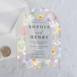 Pastel Watercolor Wildflowers Wedding Acrylic Invitations